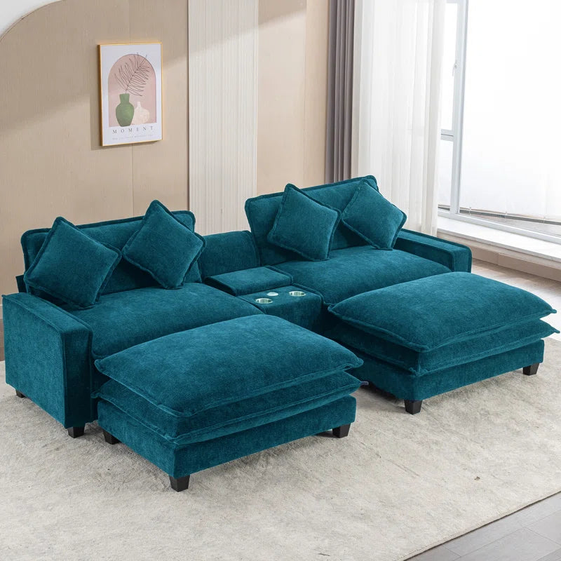 U-Shape Sectional Sofa: 4-Piece Cozy Modular Sectional Blend with Double Cushion Design(Green Chenille/Polyester Blend)