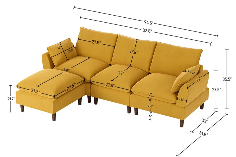 L-Shape Sectional Sofa: 4-Piece Upholstered Cloud Modular Sofa(Light Yellow Chenille)