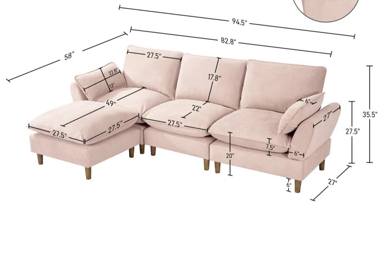 L-Shape Sectional Sofa: 4-Piece Upholstered Cloud Modular Sofa(Pink Chenille)