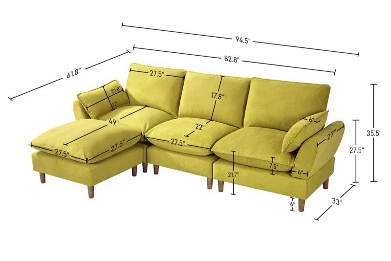 L-Shape Sectional Sofa: 4-Piece Upholstered Cloud Modular Sofa(Yellow Chenille)