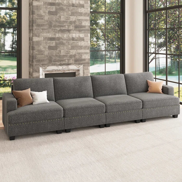 4 Seater Sofa: 4-Seater Modular Sofa Couch Upholstered Small Sectional Sofa(Light Gray Polyester)