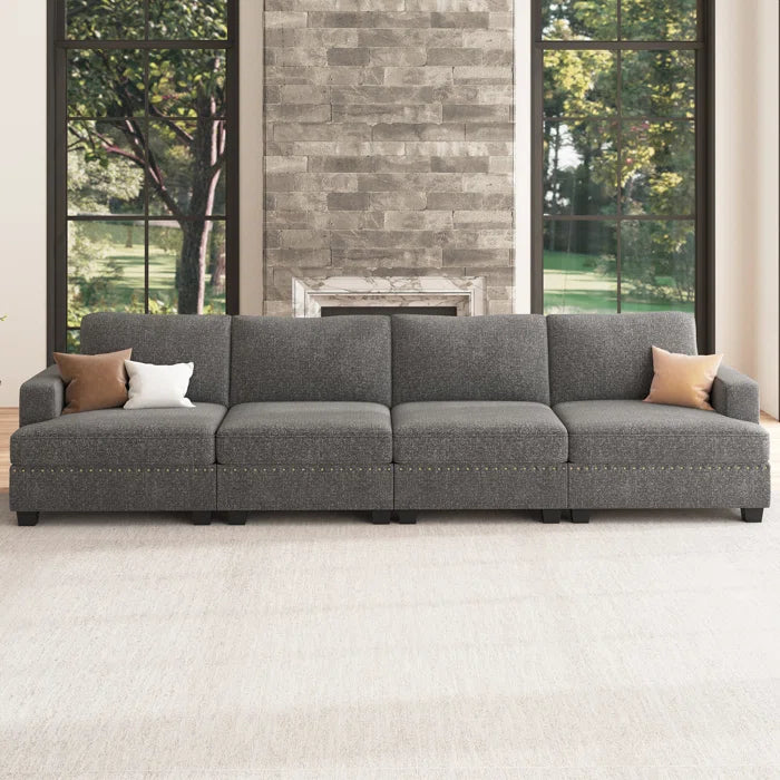 4 Seater Sofa: 4-Seater Modular Sofa Couch Upholstered Small Sectional Sofa(Light Gray Polyester)