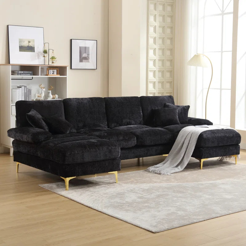 U-Shape Sectional Sofa: 114" Modern Chenille 4 Seater Upholstered Modular Sofa Sleeper With Double Lounge Chaise For Living Room(Black Chenille)