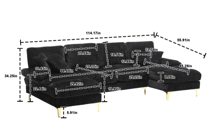 U-Shape Sectional Sofa: 114" Modern Chenille 4 Seater Upholstered Modular Sofa Sleeper With Double Lounge Chaise For Living Room(Black Chenille)