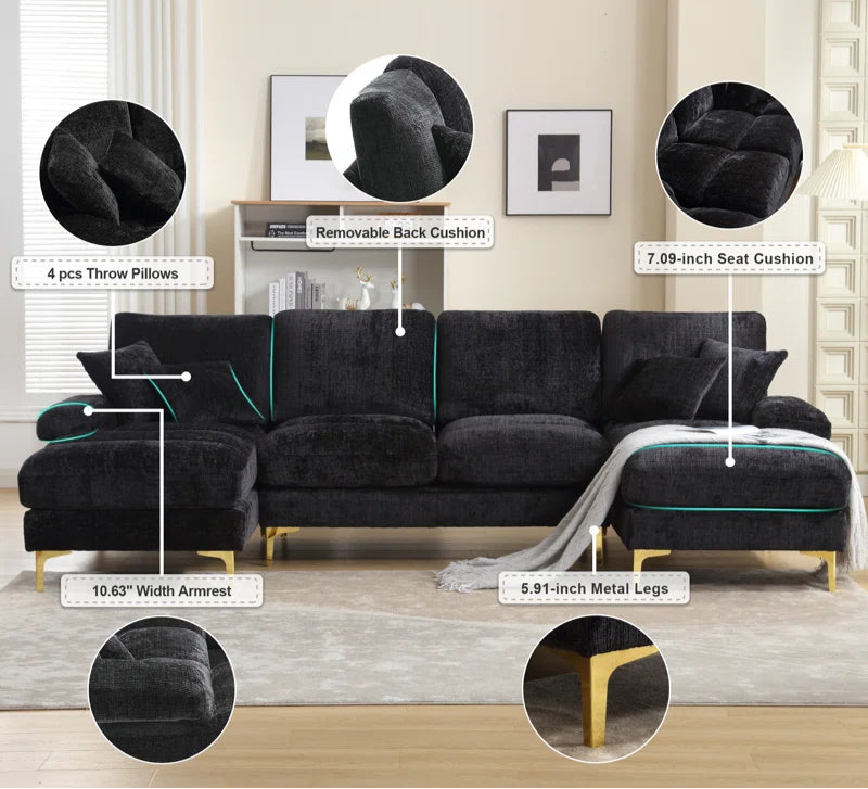 U-Shape Sectional Sofa: 114" Modern Chenille 4 Seater Upholstered Modular Sofa Sleeper With Double Lounge Chaise For Living Room(Black Chenille)