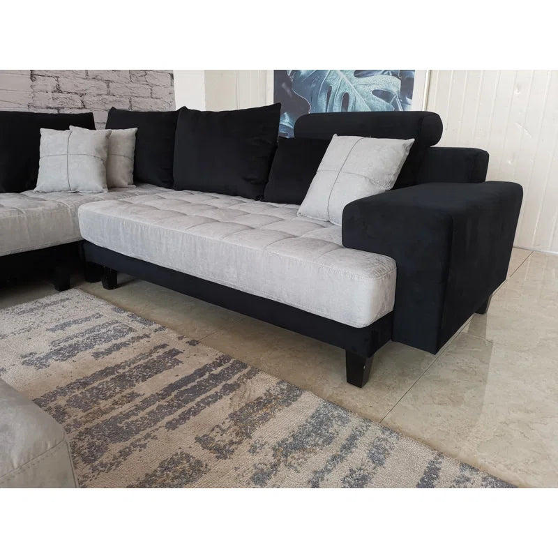 U-Shape Sectional Sofa: 5 - Piece Upholstery Fabric Sectional Sofa(Black/Gray Microfiber/Microsuede)
