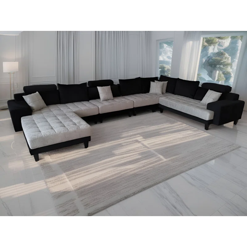 U-Shape Sectional Sofa: 5 - Piece Upholstery Fabric Sectional Sofa(Black/Gray Microfiber/Microsuede)