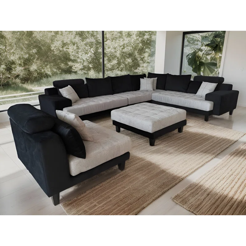 U-Shape Sectional Sofa: 5 - Piece Upholstery Fabric Sectional Sofa(Black/Gray Microfiber/Microsuede)