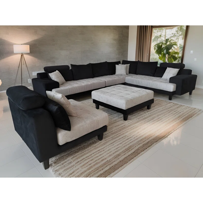 U-Shape Sectional Sofa: 5 - Piece Upholstery Fabric Sectional Sofa(Black/Gray Microfiber/Microsuede)