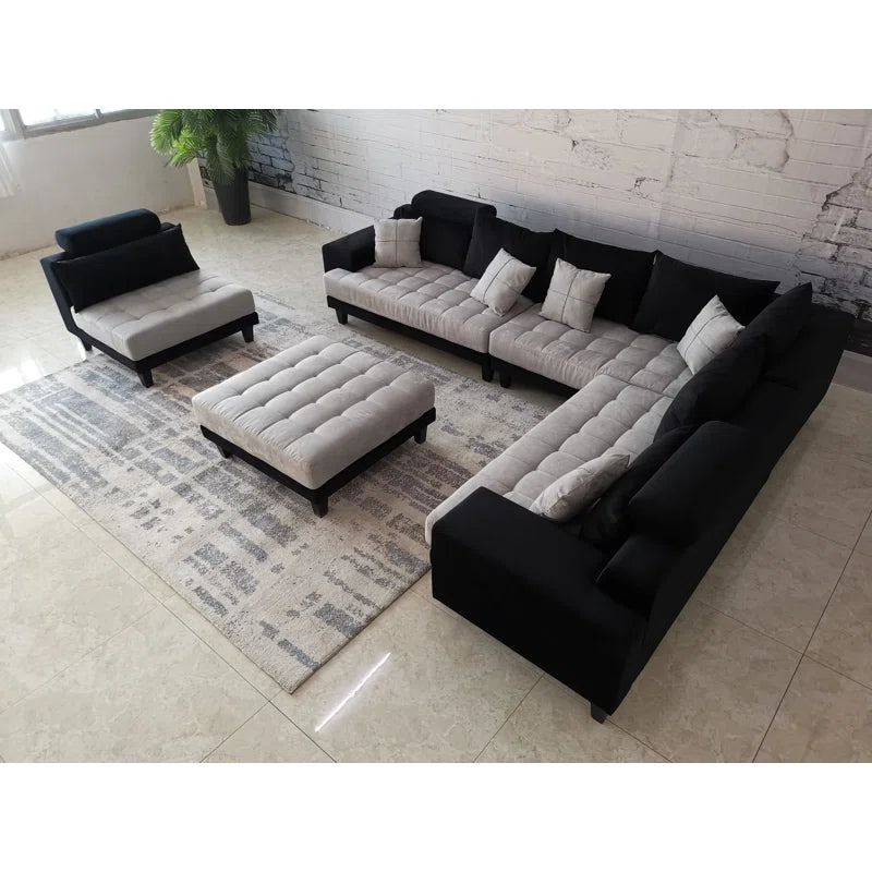 U-Shape Sectional Sofa: 5 - Piece Upholstery Fabric Sectional Sofa(Black/Gray Microfiber/Microsuede)
