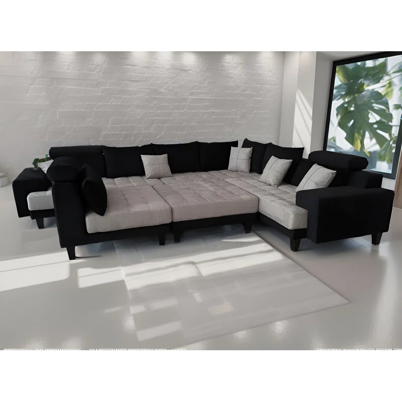 U-Shape Sectional Sofa: 5 - Piece Upholstery Fabric Sectional Sofa(Black/Gray Microfiber/Microsuede)