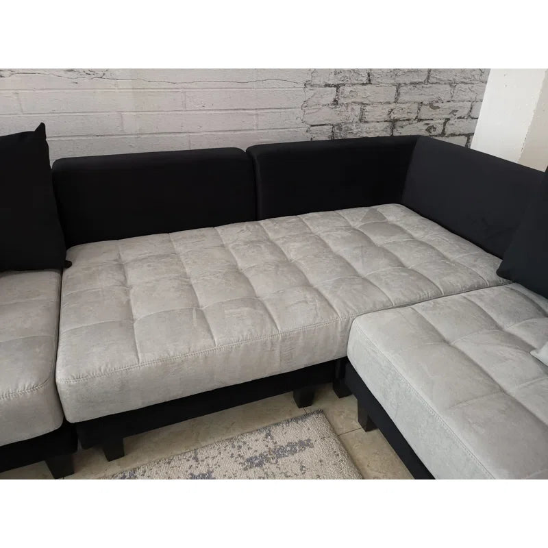 U-Shape Sectional Sofa: 5 - Piece Upholstery Fabric Sectional Sofa(Black/Gray Microfiber/Microsuede)