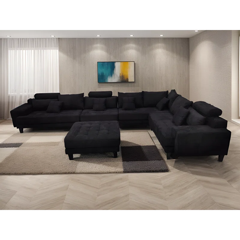 U-Shape Sectional Sofa: 5 - Piece Upholstered Fabric Sectional Sofa(Black Microfiber/Microsuede)