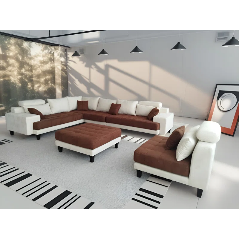 U-Shape Sectional Sofa: 5 - Piece Upholstered Fabric Sectional Sofa(Brown/Cream Microfiber/Microsuede)