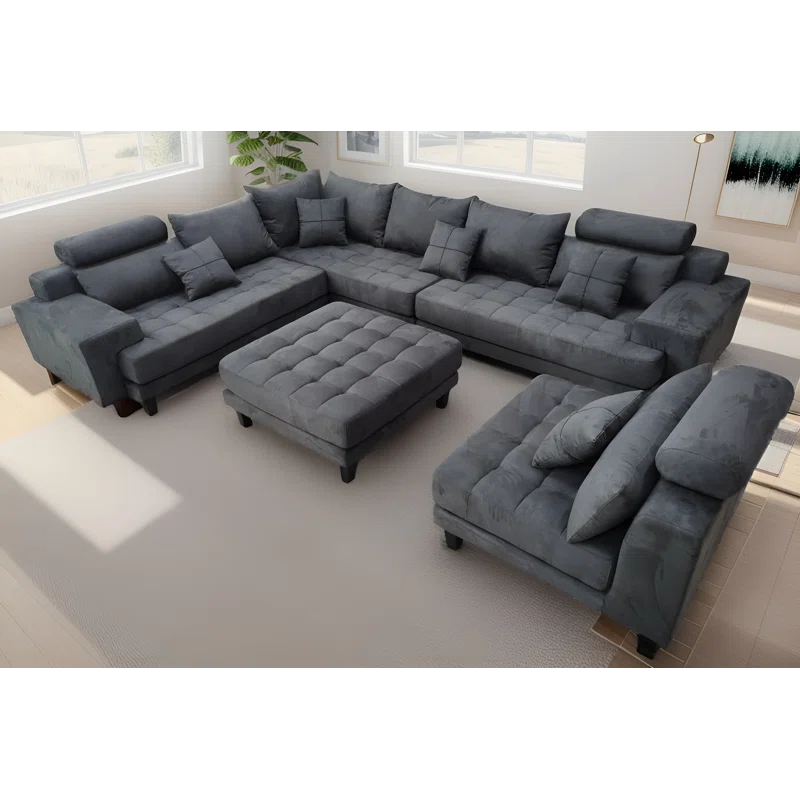 U-Shape Sectional Sofa: 5 - Piece Upholstered Fabric Sectional Sofa(Dark Gray Microfiber/Microsuede)