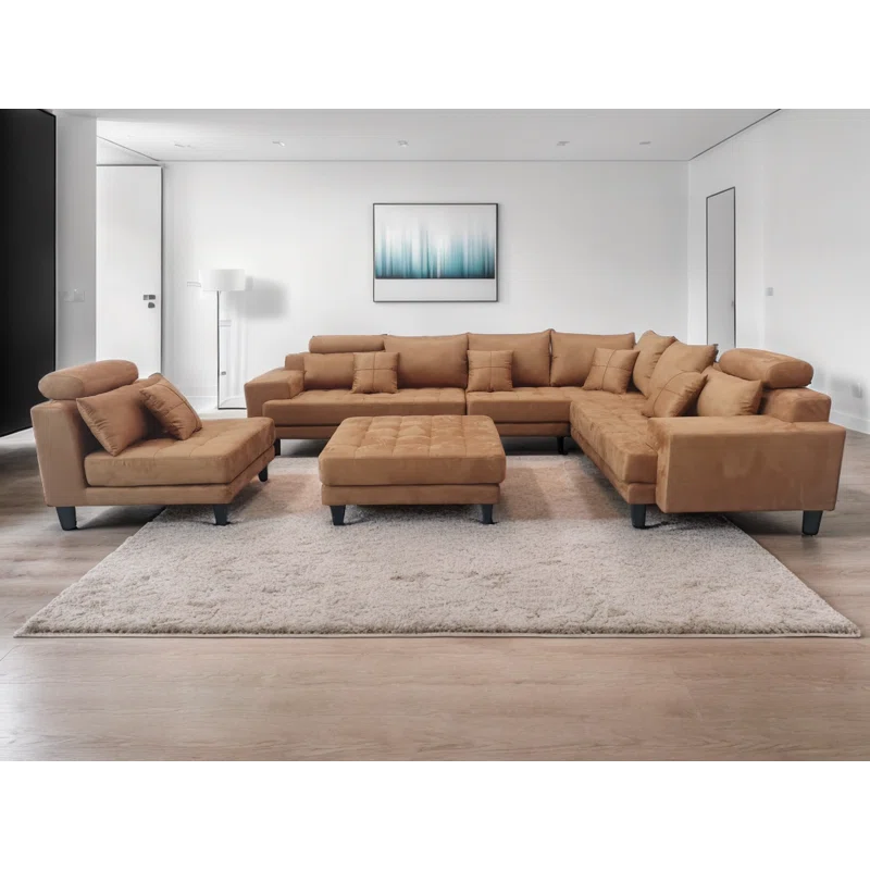 U-Shape Sectional Sofa: 5 - Piece Upholstered Fabric Sectional Sofa(Dark Tan Microfiber/Microsuede)