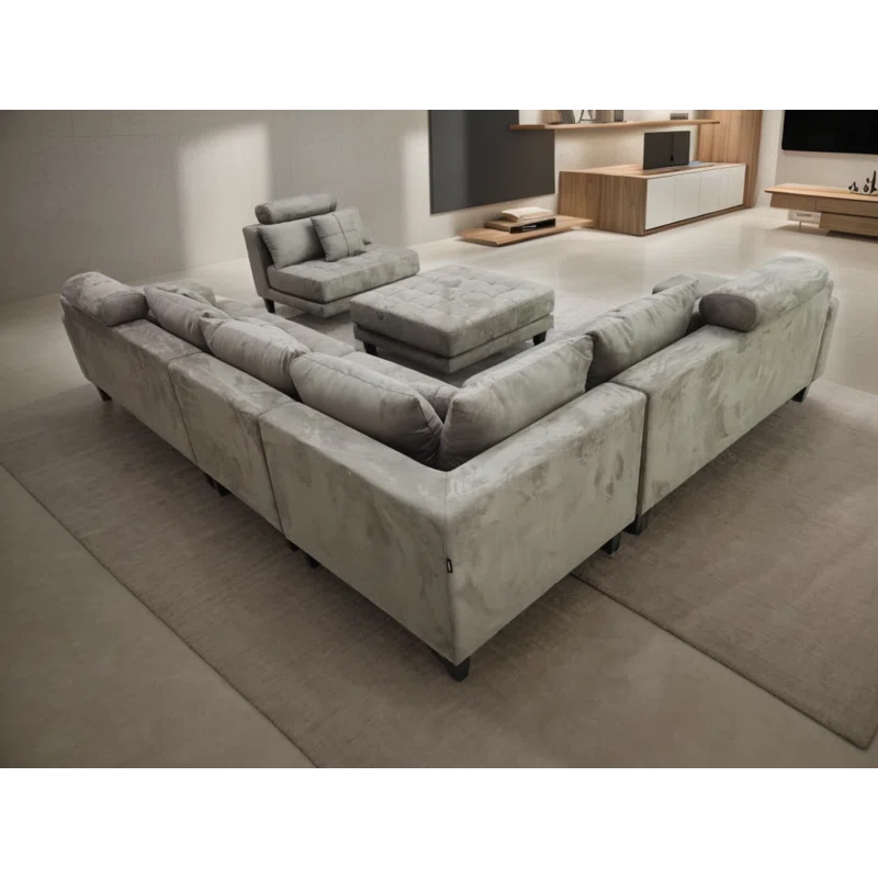 U-Shape Sectional Sofa: 5 - Piece Upholstered Fabric Sectional Sofa(Tan Microfiber/Microsuede)