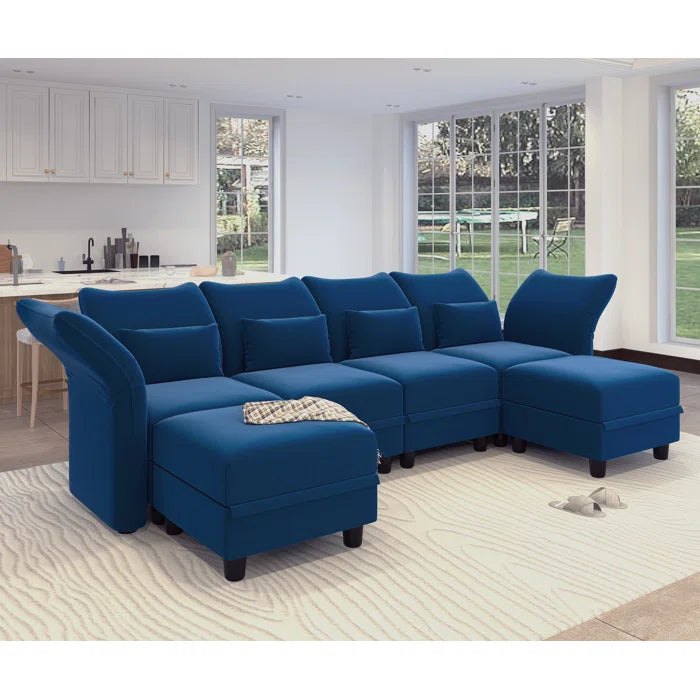 6 Seater Sofa: 102'' 6 - Piece Modular Upholstered Sectional Sofa With Storage for Living Room(Blue Velvet)