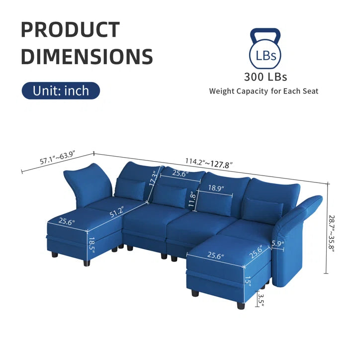 6 Seater Sofa: 102'' 6 - Piece Modular Upholstered Sectional Sofa With Storage for Living Room(Blue Velvet)