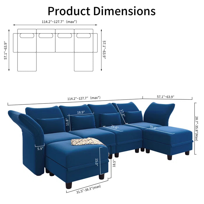 6 Seater Sofa: 102'' 6 - Piece Modular Upholstered Sectional Sofa With Storage for Living Room(Blue Velvet)