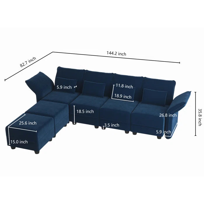 6 Seater Sofa: 102'' 6 - Piece Modular Upholstered Sectional Sofa With Storage for Living Room(Blue Velvet)