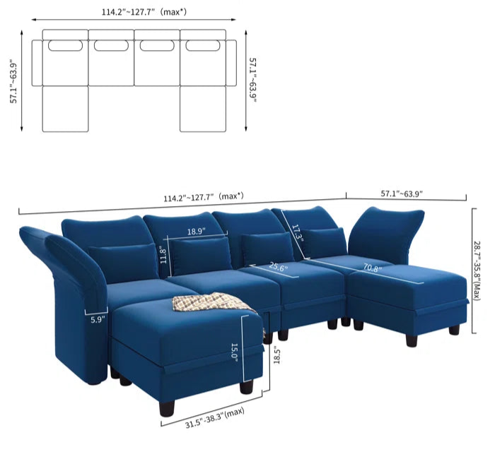 U-Shape Sectional Sofa: 102'' 6 - Piece Upholstered Sectional With Storage(Blue Velvet)