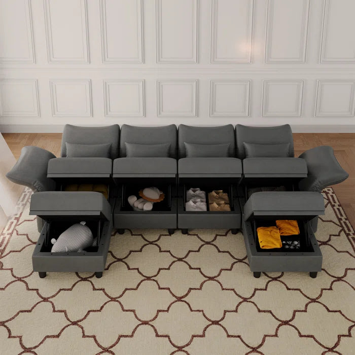 U-Shape Sectional Sofa: 102'' 6 - Piece Upholstered Sectional With Storage(Dark Gray Polyester)