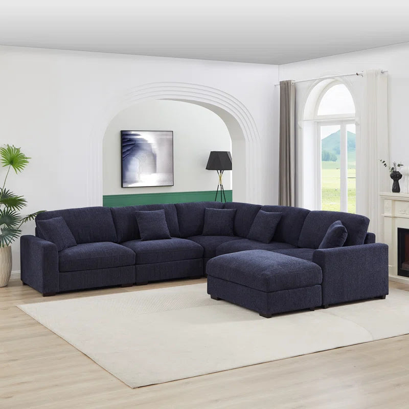 6 Seater Sofa: 6 Piece Reversible Modular Corner Sectional Couch with Ottoman(Blue Polyester)