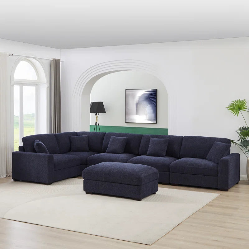 6 Seater Sofa: 6 Piece Reversible Modular Corner Sectional Couch with Ottoman(Blue Polyester)