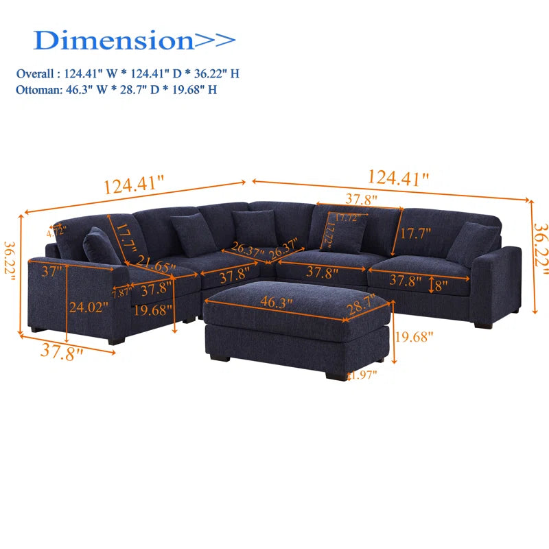 6 Seater Sofa: 6 Piece Reversible Modular Corner Sectional Couch with Ottoman(Blue Polyester)