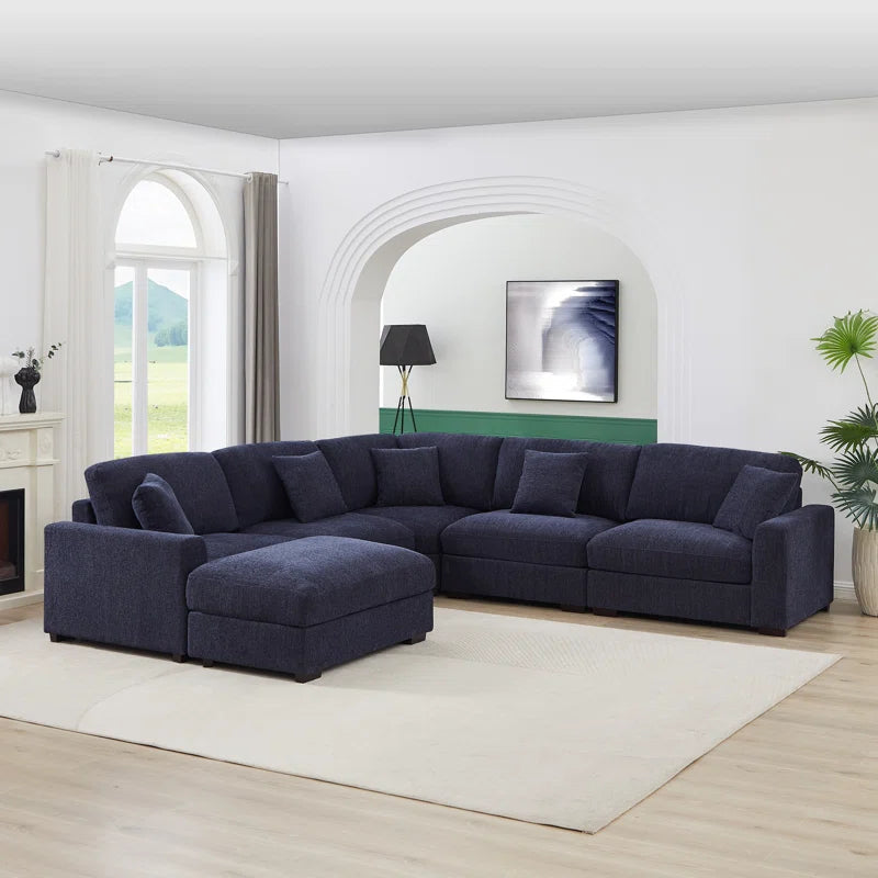 6 Seater Sofa: 6 Piece Reversible Modular Corner Sectional Couch with Ottoman(Blue Polyester)