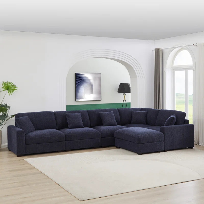 6 Seater Sofa: 6 Piece Reversible Modular Corner Sectional Couch with Ottoman(Blue Polyester)