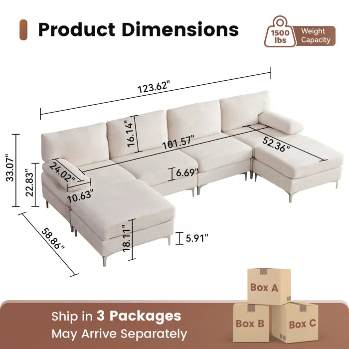 6 Seater Sofa: 123.62‘’ 6 Seater Modular Oversized Upholstered Sectional Sofa(Beige Chenille)