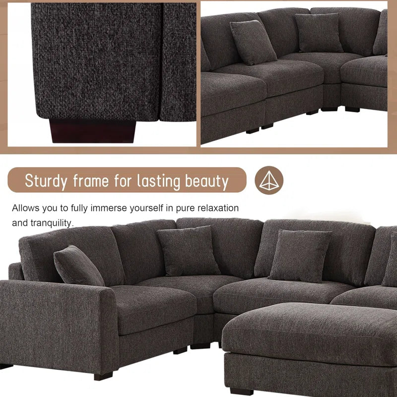 6 Seater Sofa: 6 Seater Reversible Upholstered Corner Sectional Sofa(Dark Gray Polyester Blend)