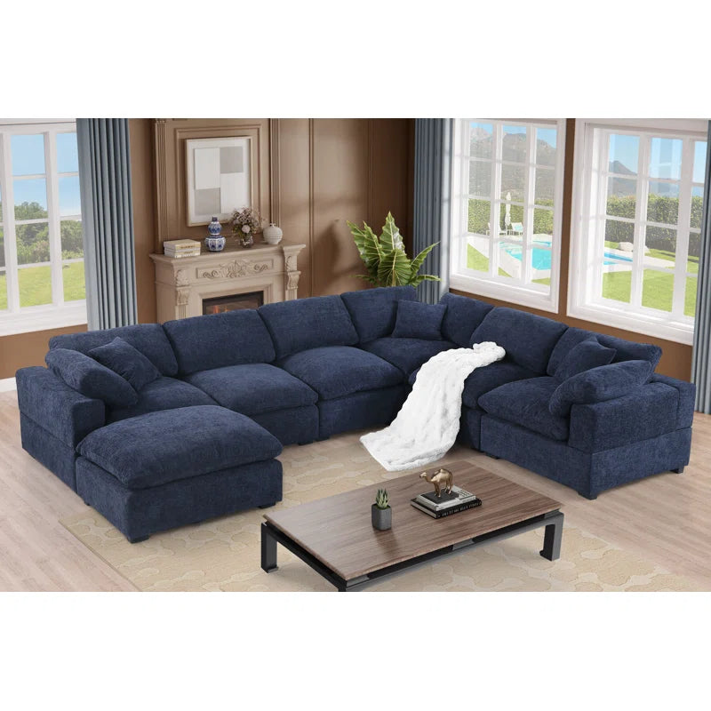 7 Seater Sofa: 7- Piece Comfy Reversible Corner Sectional Sofa Couch With Ottoman(Dark Blue)