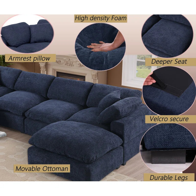 7 Seater Sofa: 7- Piece Comfy Reversible Corner Sectional Sofa Couch With Ottoman(Dark Blue)