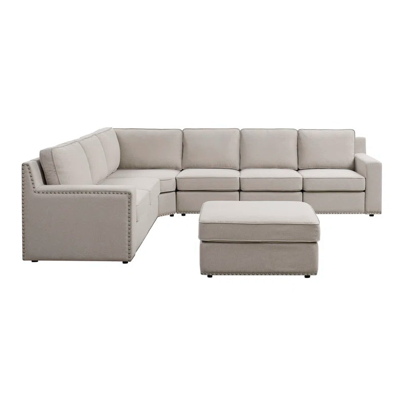 7 Seater Sofa: 7 - Piece Modular Large Upholstered Sectional(Beige Polyester Blend)