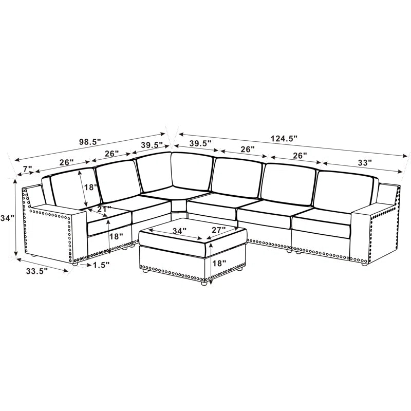 7 Seater Sofa: 7 - Piece Modular Large Upholstered Sectional(Beige Polyester Blend)