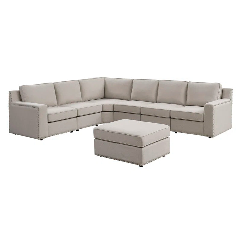 7 Seater Sofa: 7 - Piece Modular Large Upholstered Sectional(Beige Polyester Blend)