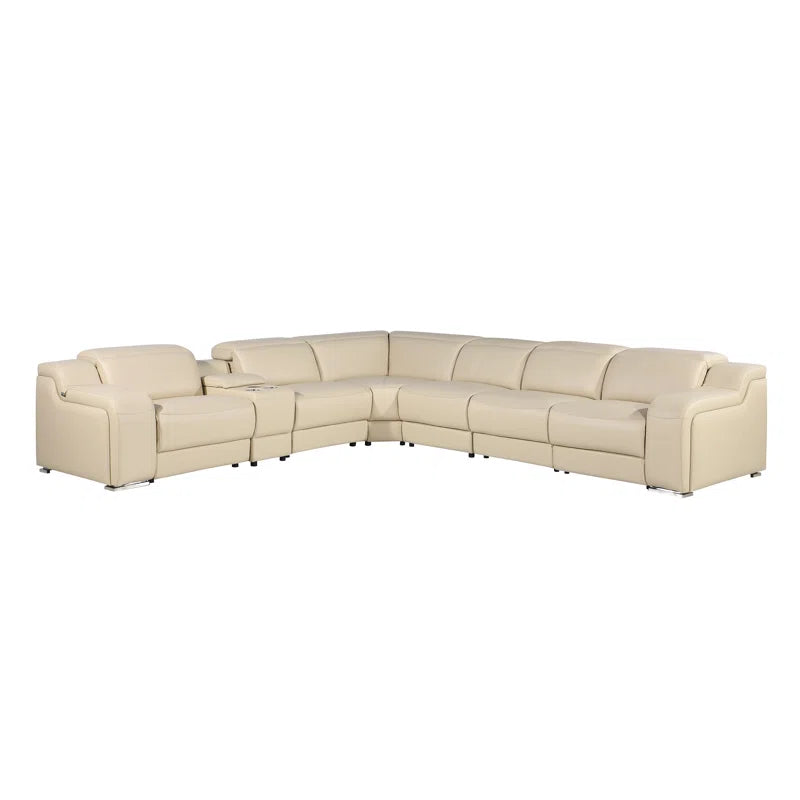 L-Shape Sectional Sofa: 7 - Piece Top Italian Grain Leather Sofa Power Reclining Sectional(Beige Genuine Leather)