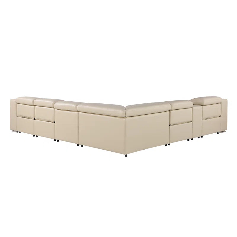 L-Shape Sectional Sofa: 7 - Piece Top Italian Grain Leather Sofa Power Reclining Sectional(Beige Genuine Leather)