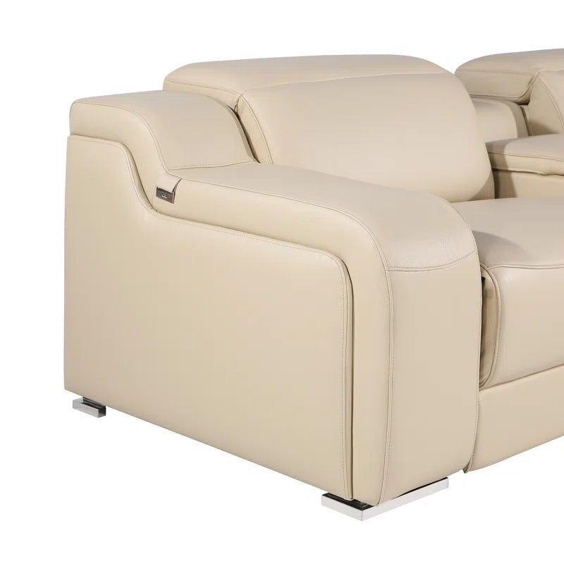 L-Shape Sectional Sofa: 7 - Piece Top Italian Grain Leather Sofa Power Reclining Sectional(Beige Genuine Leather)