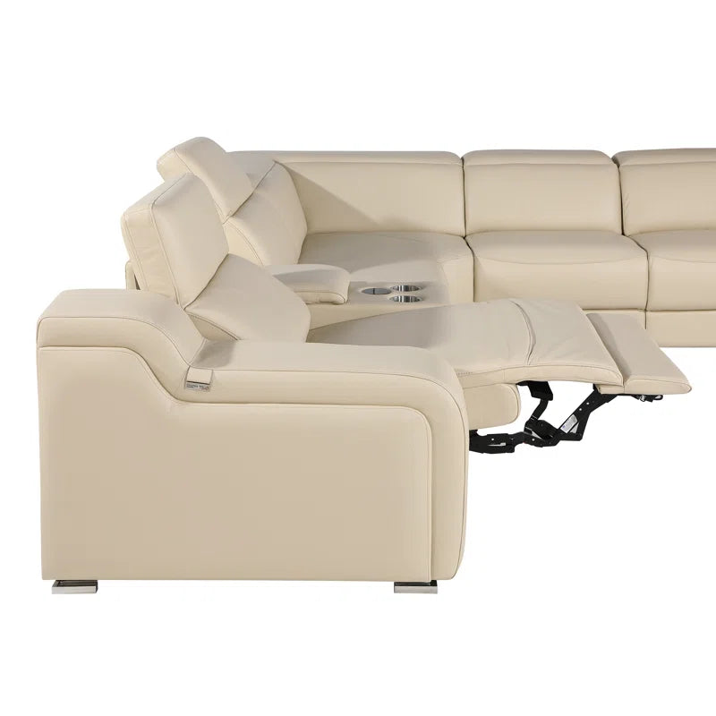 L-Shape Sectional Sofa: 7 - Piece Top Italian Grain Leather Sofa Power Reclining Sectional(Beige Genuine Leather)