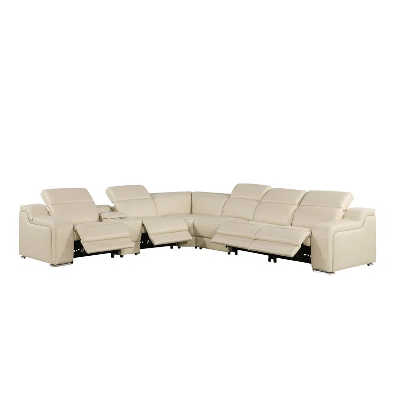 L-Shape Sectional Sofa: 7 - Piece Top Italian Grain Leather Sofa Power Reclining Sectional(Beige Genuine Leather)