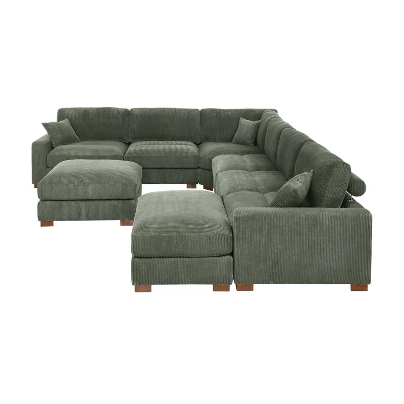 7 Seater Sofa: 7-Pieces Modular Corduroy Sectional Sophisticated Blend Sofa Bed(Green Corduroy)