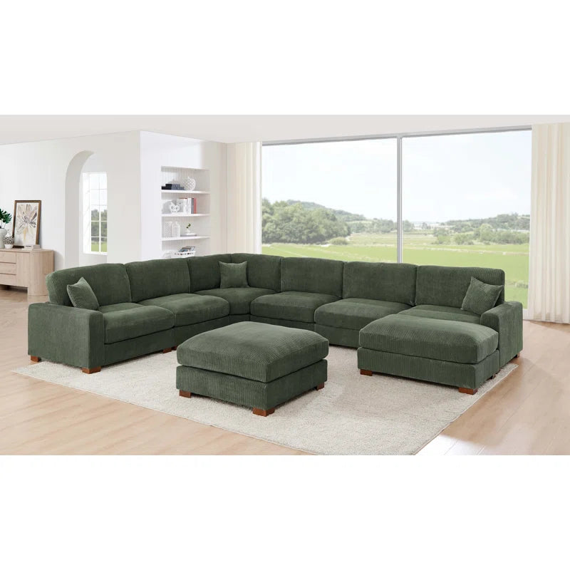7 Seater Sofa: 7-Pieces Modular Corduroy Sectional Sophisticated Blend Sofa Bed(Green Corduroy)