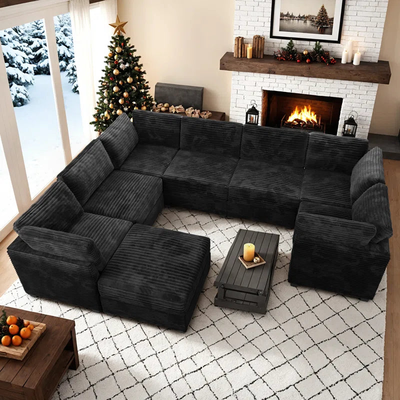 7 Seater Sofa: 7 Seat Corduroy Section Sofa Combination with Ottoman(Black Corduroy)
