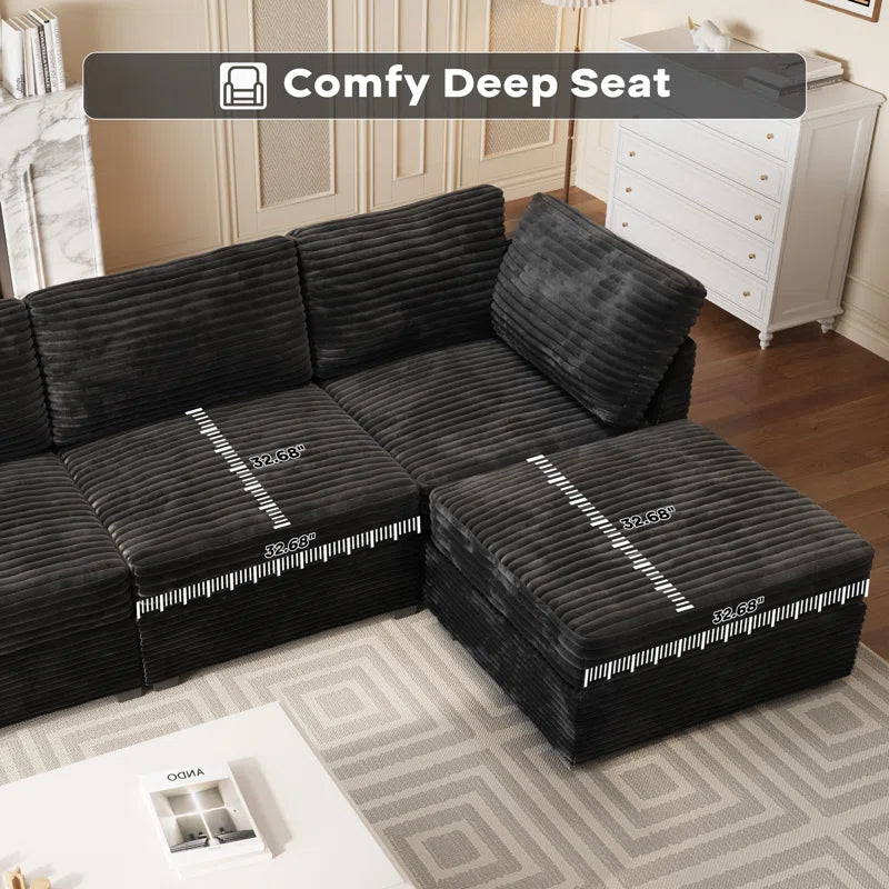 7 Seater Sofa: 7 Seat Corduroy Section Sofa Combination with Ottoman(Black Corduroy)