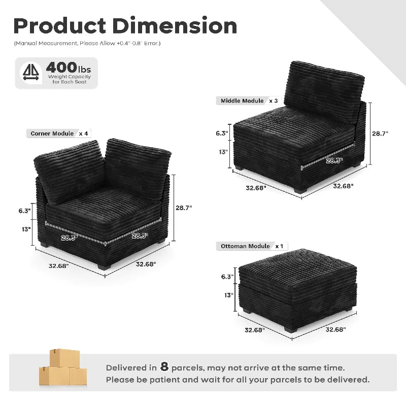 7 Seater Sofa: 7 Seat Corduroy Section Sofa Combination with Ottoman(Black Corduroy)