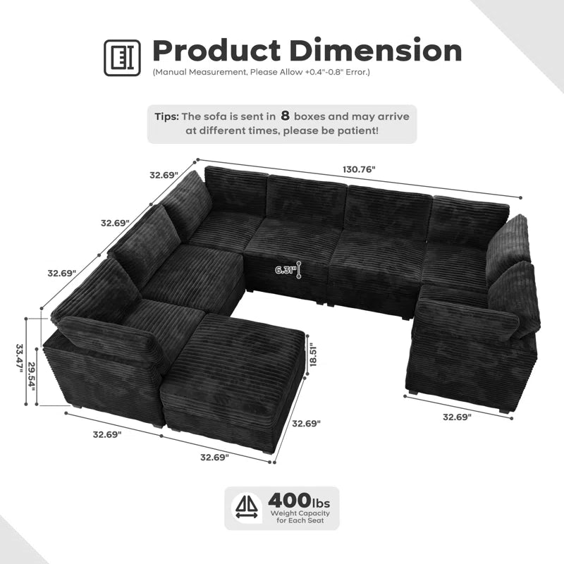 7 Seater Sofa: 7 Seat Corduroy Section Sofa Combination with Ottoman(Black Corduroy)